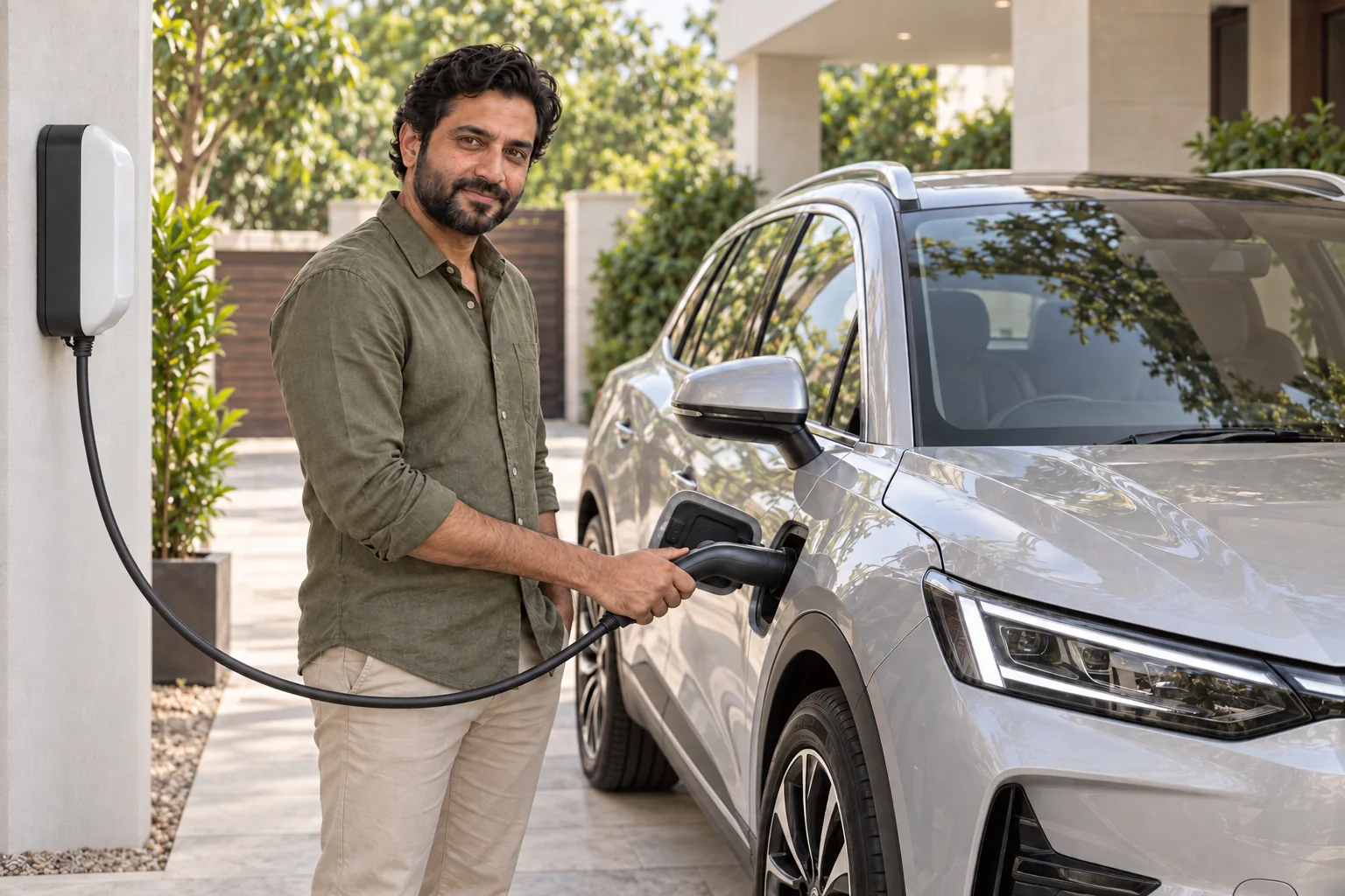 AI-generated scene of a smiling person beside a silver electric car connected to a home charger